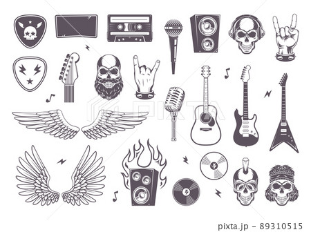 Rock emblem. Aggressive music badges with place for text skull bones fire guitar headphones microphone exact vector templates set Rock emblem. Aggressive music badges with place for text skull bones fire guitar headphones microphone exact vector templates set 89310515
