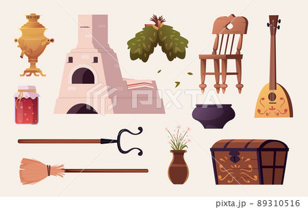 Russian interior. Authentic rural house oven old furniture collection samovar teapot for kitchen exact vector colored items Russian interior. Authentic rural house oven old furniture collection samovar teapot for kitchen exact vector colored items 89310516