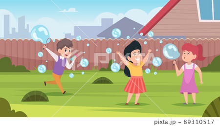 Kids playing with foam. Happy little people in action poses entertainment with foam exact vector background in cartoon style 89310517