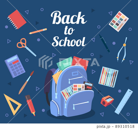 Back to school background. Backpack and school accessories education items exact vector concept illustrations Back to school background. Backpack and school accessories education items exact vector concept illustrations 89310518