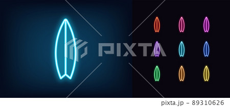 Outline neon surfboard icon. Glowing neon surfboard silhouette, surf pictogram Outline neon surfboard icon. Glowing neon surfboard silhouette, surf pictogram 89310626