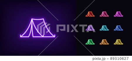 Outline neon camping tent icon. Glowing neon tent silhouette, camp pictogram. Camping shelter Outline neon camping tent icon. Glowing neon tent silhouette, camp pictogram. Camping shelter 89310627