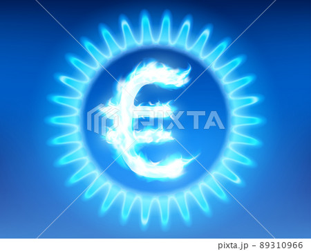 Euro currency symbol burns with a blue flame inside a gas stove. 89310966