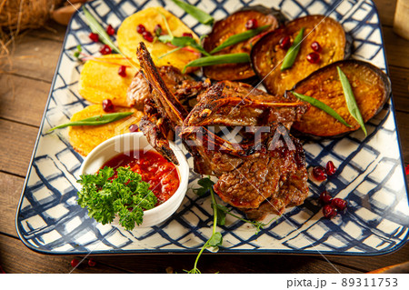 Closeup on lamb entrecote with eggplant Closeup on lamb entrecote with eggplant 89311753