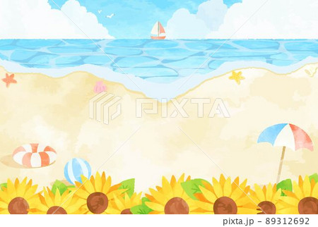 爽やかな夏の海辺とひまわりの風景イラストのイラスト素材