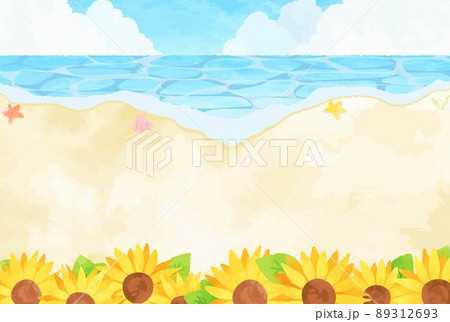 綺麗な手描きのビーチとひまわりの風景イラストのイラスト素材 綺麗な手描きのビーチとひまわりの風景イラストのイラスト素材