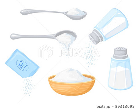 Cartoon pouring salt. Spoonful glass saltshaker, sodium foods condiments bottle salty shaker pour white salted crystal powder sugar season cellar salting, neat vector illustration 89313695