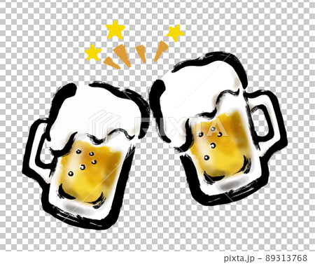 ジョッキの生ビールで乾杯している手描きイラストのイラスト素材 ジョッキの生ビールで乾杯している手描きイラストのイラスト素材