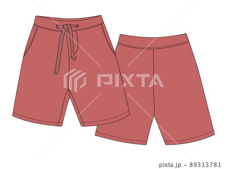 Technical sketch sport shorts pants design. Coral color. Boy clothes template. Casual style. Technical sketch sport shorts pants design. Coral color. Boy clothes template. Casual style. 89313781