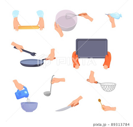 Hand holding kitchen tools. Hands with kitchenware for cooking food, spoon pan cutting knife utensils mixer whisk pot colander ladle, chef tool collection vector illustration Hand holding kitchen tools. Hands with kitchenware for cooking food, spoon pan cutting knife utensils mixer whisk pot colander ladle, chef tool collection vector illustration 89313784