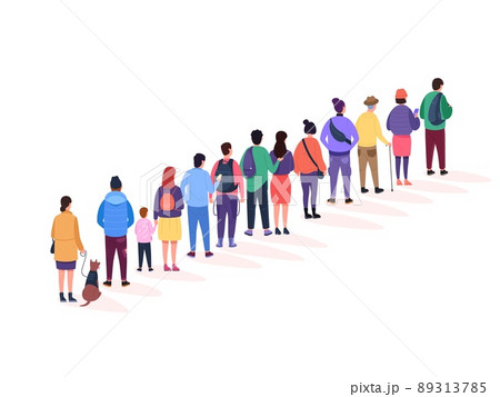 Back stand queue. Queueing people crowd long line in public bathroom, group person waiting buy airport ticket, standing character shopping registration 89313785