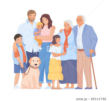 Relatives of big family. Families of teens and seniors people, grandfather grandma mother with baby, grandparents parents kids brothers cartoon character swanky vector illustration 89313786