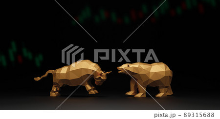 Bull and bear with candlestick chart on black background 3D render 89315688