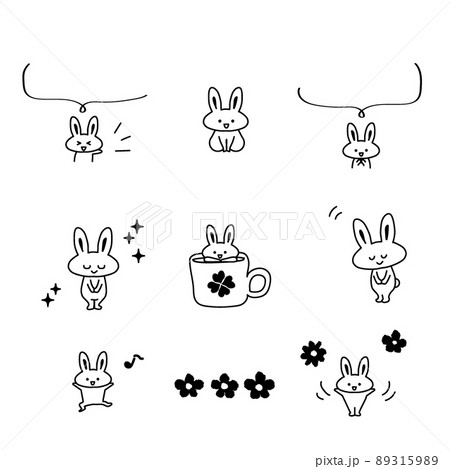 イラスト素材セット かわいいウサギのキャラクターのカットイラスト12 白黒うさぎ 主線ありのイラスト素材 3159