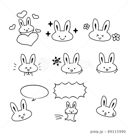 イラスト素材セット かわいいウサギのキャラクターのカットイラスト9 白黒うさぎ 主線ありのイラスト素材