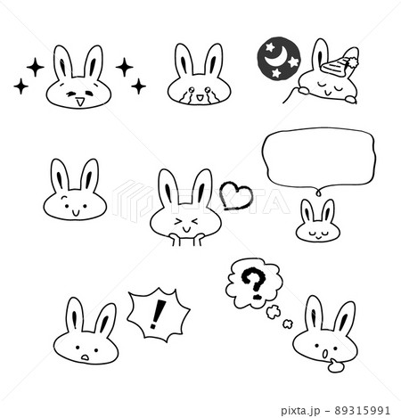 イラスト素材セット かわいいウサギのキャラクターのカットイラスト10 白黒うさぎ 主線ありのイラスト素材