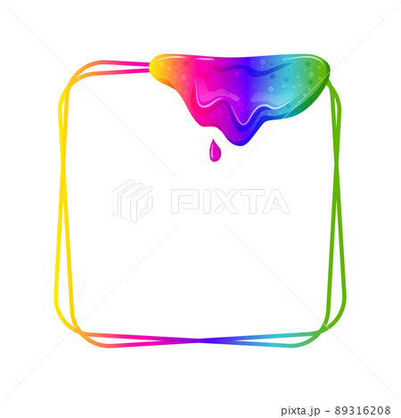 Flowing rainbow slime square frame. Dripping toxic viscous liquid on a black background. Vector cartoon illustration.  89316208