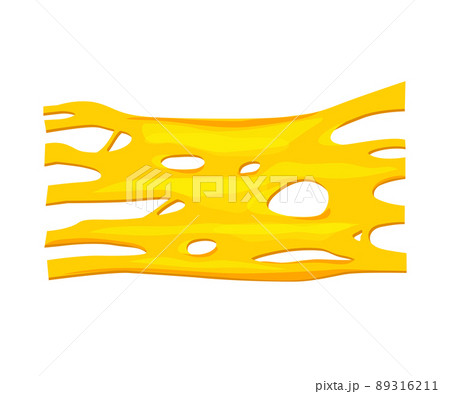 Flowing melted cheese. Vector cartoon background of hot cheddar, parmesan or holland cheesy with holes isolated on white background.  89316211