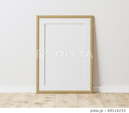 Blank wooden frame with mat on wooden floor with white wall, 3:4 ratio, 30x40 cm, 18x24 inches, poster frame mock up, 3d rendering 89316233