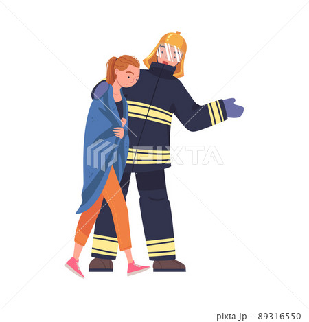Man Firefighter Character Warning Woman About Emergency or Danger Vector Illustration Man Firefighter Character Warning Woman About Emergency or Danger Vector Illustration 89316550