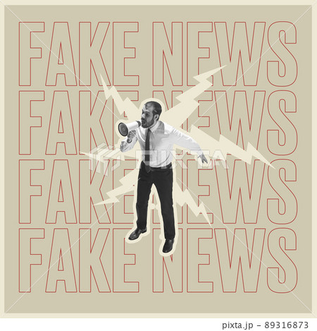 Contemporary art collage. Man in official cloth shouting in megaphone fake news isolated over grey background Contemporary art collage. Man in official cloth shouting in megaphone fake news isolated over grey background 89316873