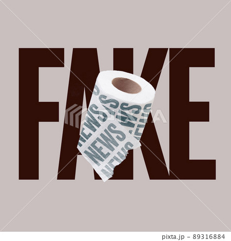 Contemporary art collage. Toilet paper with fake news lettering isolated over light brown background 89316884