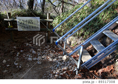 六甲山登山道 魚屋道のう回路に設置された手すり付きのハシゴ 六甲山登山道 魚屋道のう回路に設置された手すり付きのハシゴ 89317308
