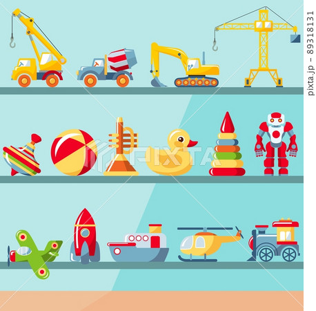 Childhood concept. Shop shelves with children toys set. Cabinet with different kids playthings. Vector illustration. 89318131