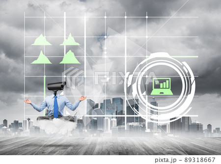 Camera headed man sitting in lotus pose on cloud against modern cityscape 89318667
