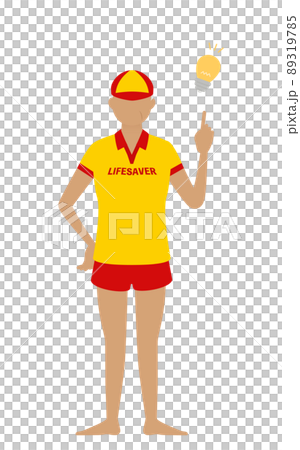 Senior female life saver poses, pointing and giving advice 89319785
