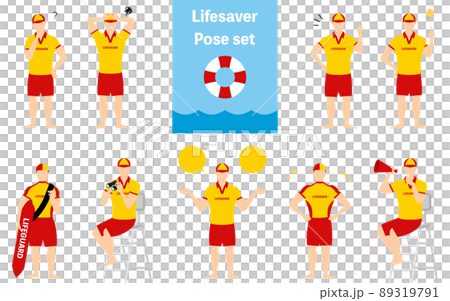 男性ライフセーバーのポーズセット、疑問・悩む・励ます・指さしetc 男性ライフセーバーのポーズセット、疑問・悩む・励ます・指さしetc 89319791