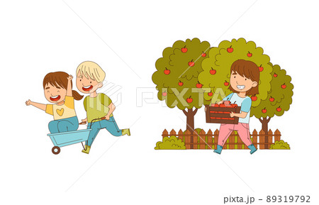 Cute kids working on farm set. Children harvesting apples cartoon vector illustration Cute kids working on farm set. Children harvesting apples cartoon vector illustration 89319792