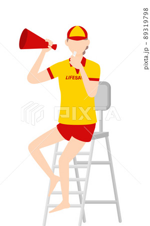 女性ライフセーバーのポーズ、監視台からホイッスルを鳴らす 89319798