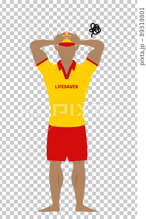 Senior male life saver poses, holding his head and worried 89319801