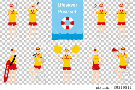女性ライフセーバーのポーズセット、疑問・悩む・励ます・指さしetc 女性ライフセーバーのポーズセット、疑問・悩む・励ます・指さしetc 89319811