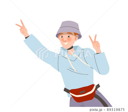 Positive Man Character in Bucket Hat with Smiling Face Showing V Sign Hand Gesture Feeling Euphoric and in High Spirits Vector Illustration Positive Man Character in Bucket Hat with Smiling Face Showing V Sign Hand Gesture Feeling Euphoric and in High Spirits Vector Illustration 89319875