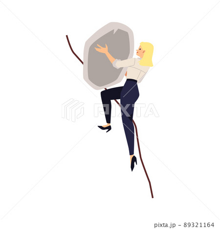 Business woman pushes uphill heavy stone, flat vector illustration isolated. 89321164
