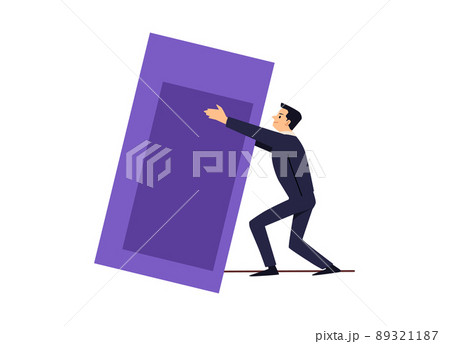 Young energetic man is pushing purple rectangular stone, boulder vector flat illustration on white background. Young energetic man is pushing purple rectangular stone, boulder vector flat illustration on white background. 89321187