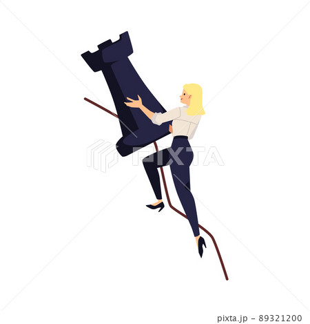Woman holding black chess piece - rook, vector flat illustration on white background. Woman holding black chess piece - rook, vector flat illustration on white background. 89321200