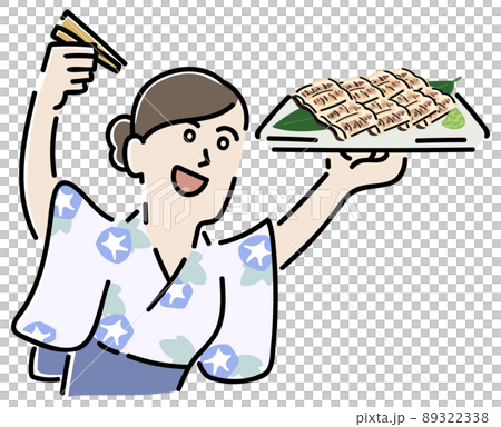 A woman wearing a yukata holding a white eel 89322338
