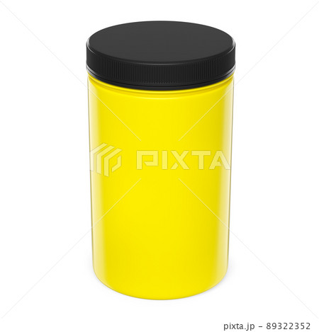 Yellow plastic jar for sport nutrition whey protein and gainer powder isolated on white background. 3d rendering of sport supplement for crossfit, trx and powerlifting workout 89322352
