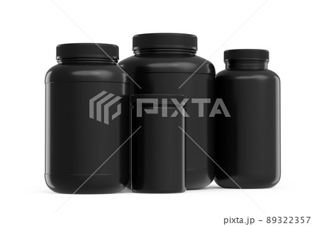 Set of black plastic jar for sport nutrition whey protein and gainer powder isolated on white background. 3d rendering of sport supplement for crossfit, trx and powerlifting workout Set of black plastic jar for sport nutrition whey protein and gainer powder isolated on white background. 3d rendering of sport supplement for crossfit, trx and powerlifting workout 89322357