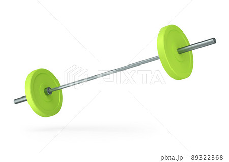Abstract metal barbell with green disks isolated on white background. 3d rendering of sport equipment for fitness and powerlifting Abstract metal barbell with green disks isolated on white background. 3d rendering of sport equipment for fitness and powerlifting 89322368