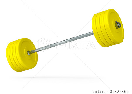 Abstract metal barbell with yellow disks isolated on white background. 3d rendering of sport equipment for fitness and powerlifting Abstract metal barbell with yellow disks isolated on white background. 3d rendering of sport equipment for fitness and powerlifting 89322369
