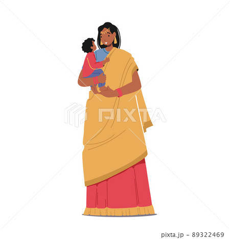 Indian Woman Wear Red Sari and Yellow Scarf Holding Baby on Hands, Mother Female Character in Traditional Clothes Indian Woman Wear Red Sari and Yellow Scarf Holding Baby on Hands, Mother Female Character in Traditional Clothes 89322469
