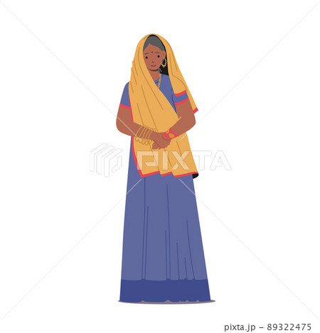 Smiling Aged Woman of India Society. Senior Indian Woman wear Long Sari and Accessories Isolated on White Background 89322475