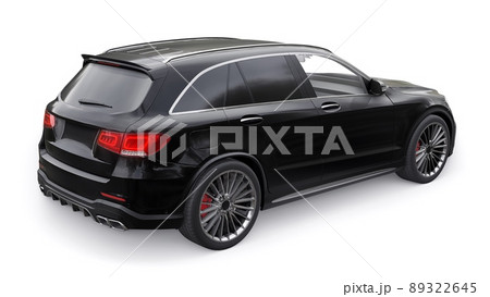 An expensive, ultra-fast sports SUV car for exciting driving in the city, on the highway and on the race track. 3D model of a black car on a white isolated background. 3d rendering. 89322645