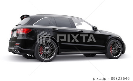 An expensive, ultra-fast sports SUV car for exciting driving in the city, on the highway and on the race track. 3D model of a black car on a white isolated background. 3d rendering. 89322646