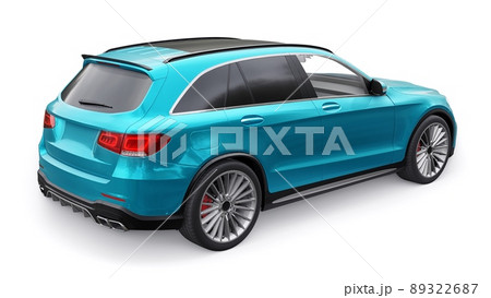 An expensive, ultra-fast sports SUV car for exciting driving in the city, on the highway and on the race track. 3D model of a blue car on a white isolated background. 3d rendering. 89322687
