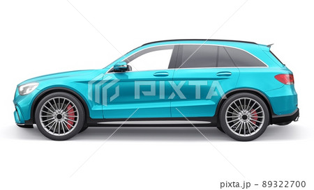 An expensive, ultra-fast sports SUV car for exciting driving in the city, on the highway and on the race track. 3D model of a blue car on a white isolated background. 3d rendering. 89322700